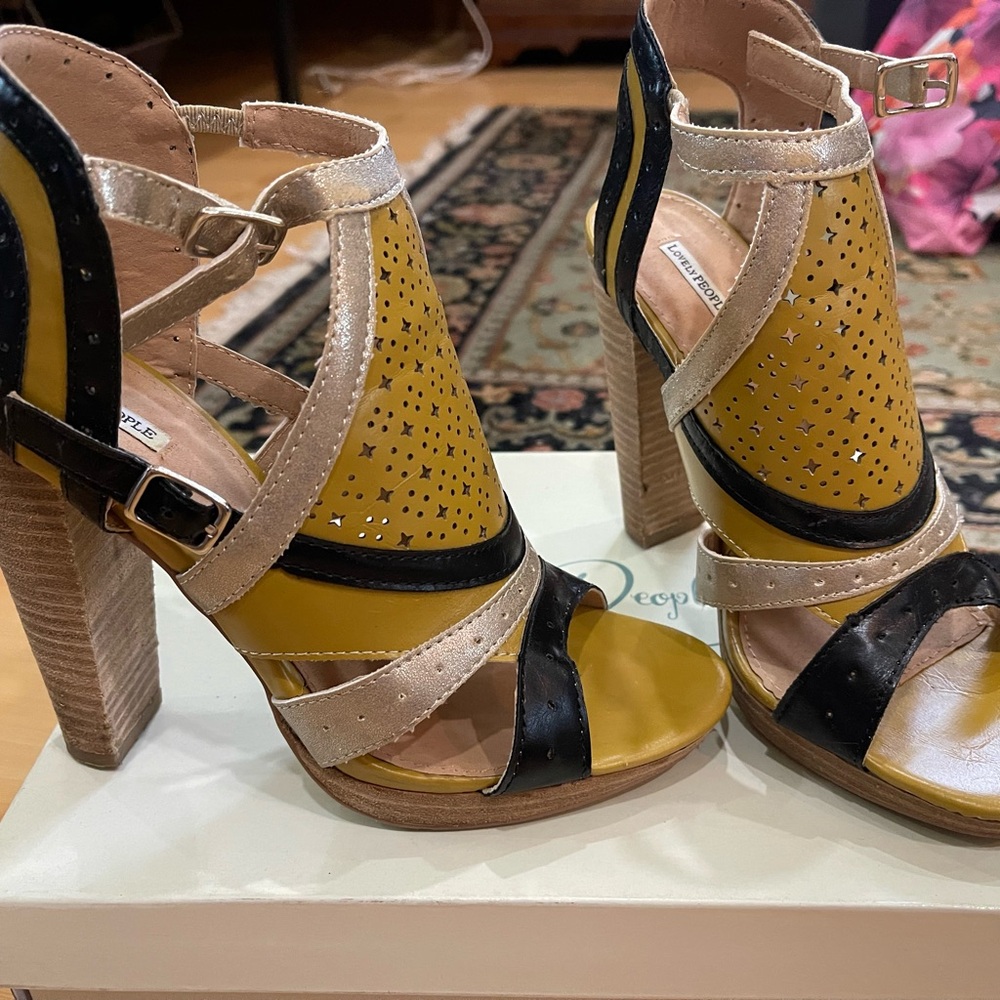 Lovely People Mustard Yellow and Black Color-Block Heels with Strappy Design